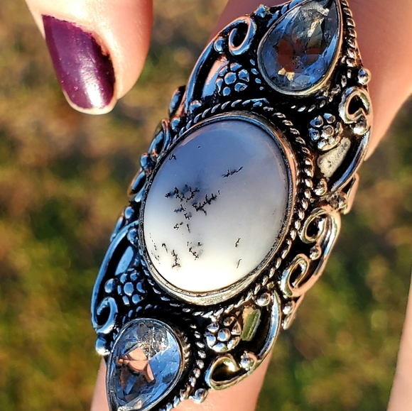 New Dendritic Opal & White Topaz 925 Silver Statement Ring. - Picture 10 of 14